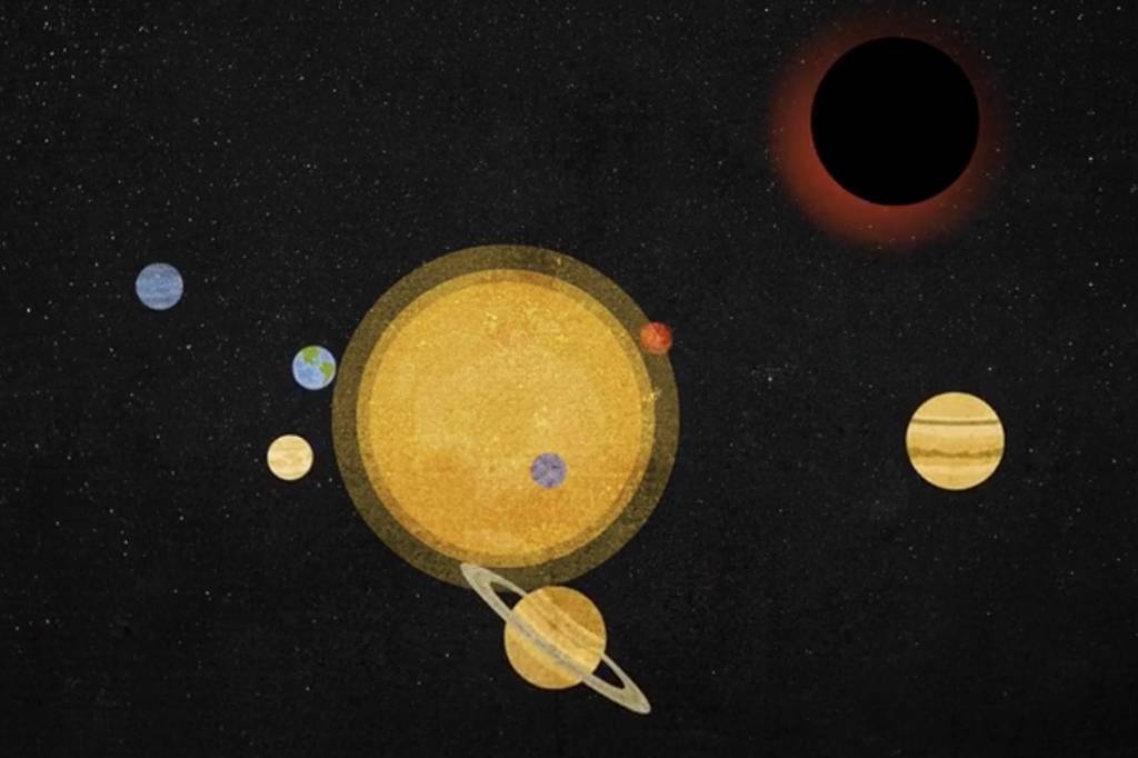 An out-of-range illustration of the solar system in the foreground with a new black hole in the background.