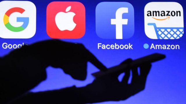 Logos from Google, Apple, Facebook and Amazon.