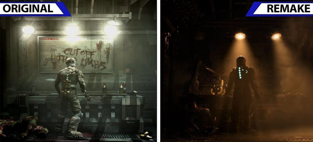 Compares the original Dead Space video with a remake;  See the differences in the setting