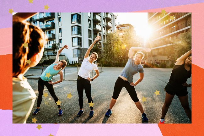 In the middle of the street, a group of women in exercise clothes appear, stretching out