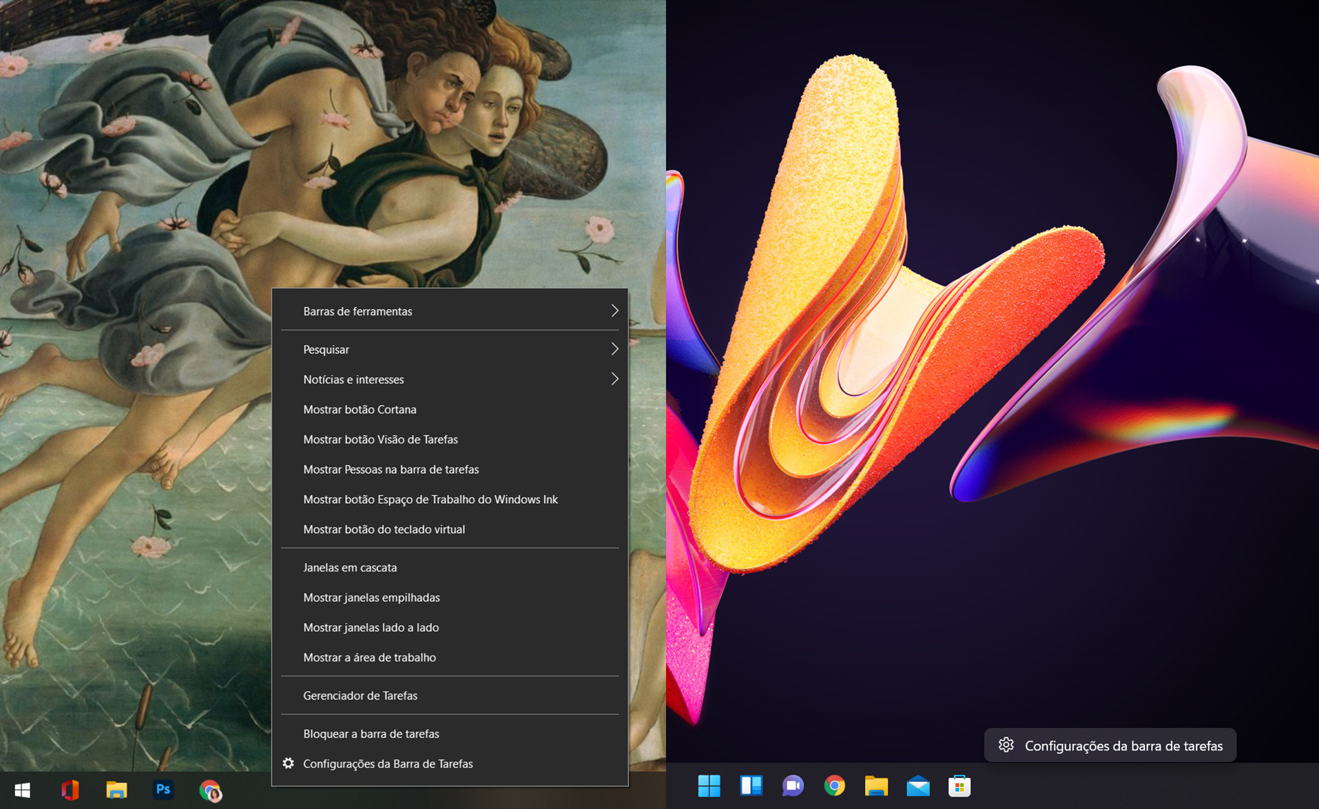 Comparison of taskbar options in Windows 10 and Windows 11. (Source: TecMundo, Adriano Camacho)