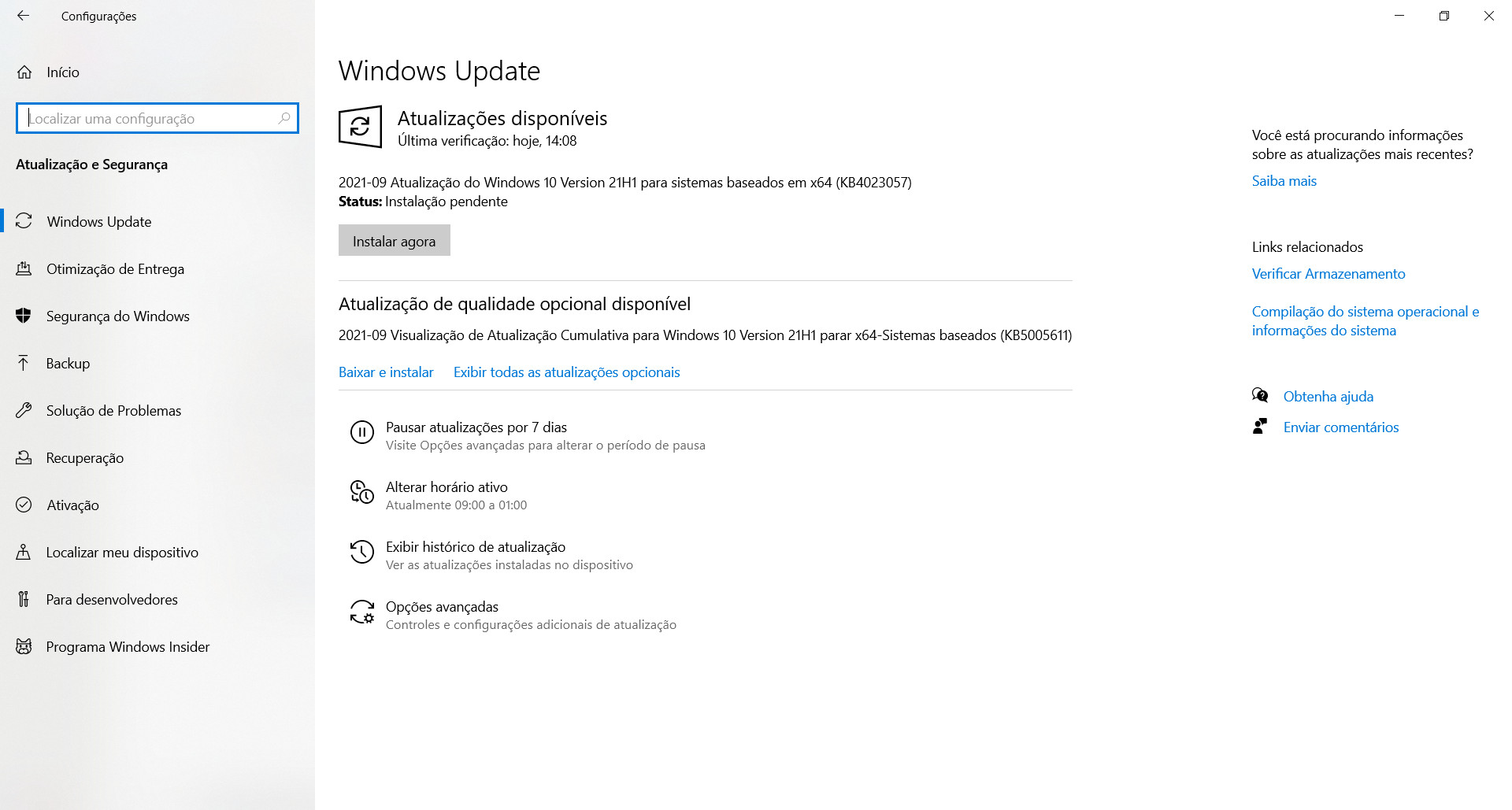 The KB5005611 patch must be installed manually.  (Source: Windows 10 / Reproduction)