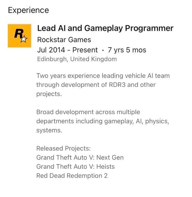 The LinkedIn profile of a Rockstar Games employee talking about Red Dead Redemption 3.