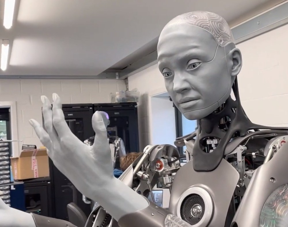 Ameca robot "talking" to the crowd at CES 2022; He watches