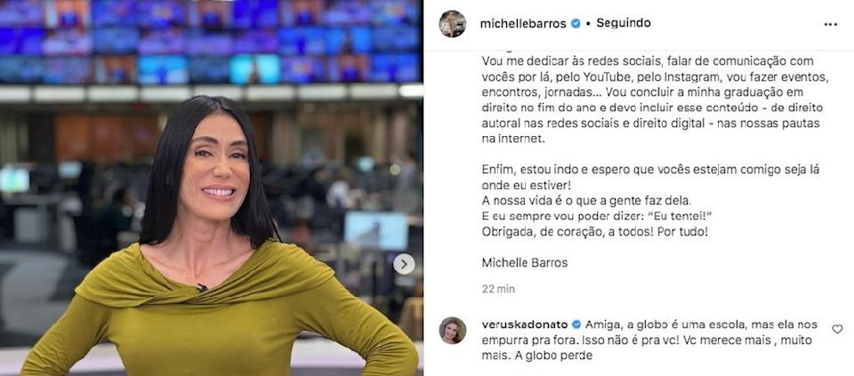 Veruska Donato's comment on Michelle Barros' post (Photo: reproduc/instagram @michellebarros)