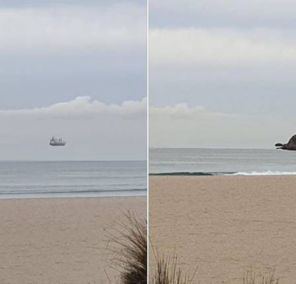 the ship "floats" On the horizon: an optical illusion Photo: Reproduction/Facebook (Mt Maunganui, New Zealand) 