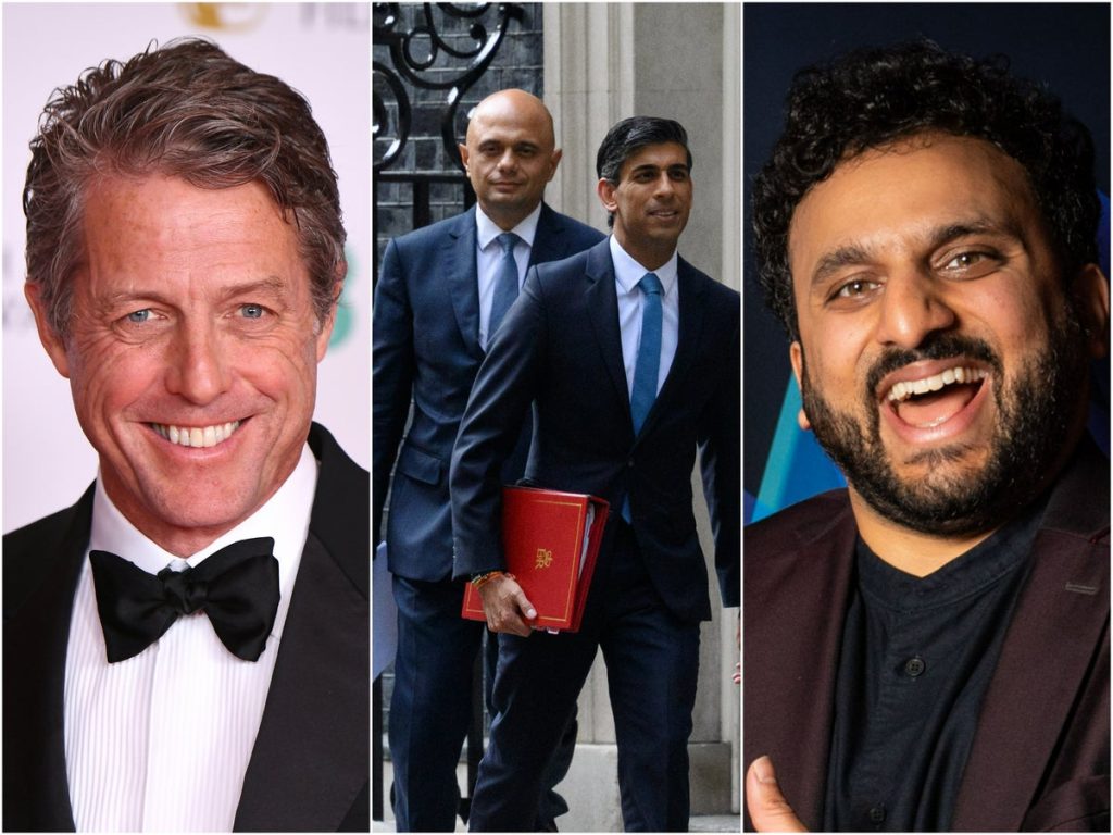 Hugh Grant and Nish Kumar are among the celebrities responding to Sunak and Jawed's resignations from the British Cabinet