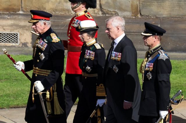 King Charles III;  Princess Anne, Duke of York, Andrew;  And the Earl of Wessex, Edward side by side, with serious eyes