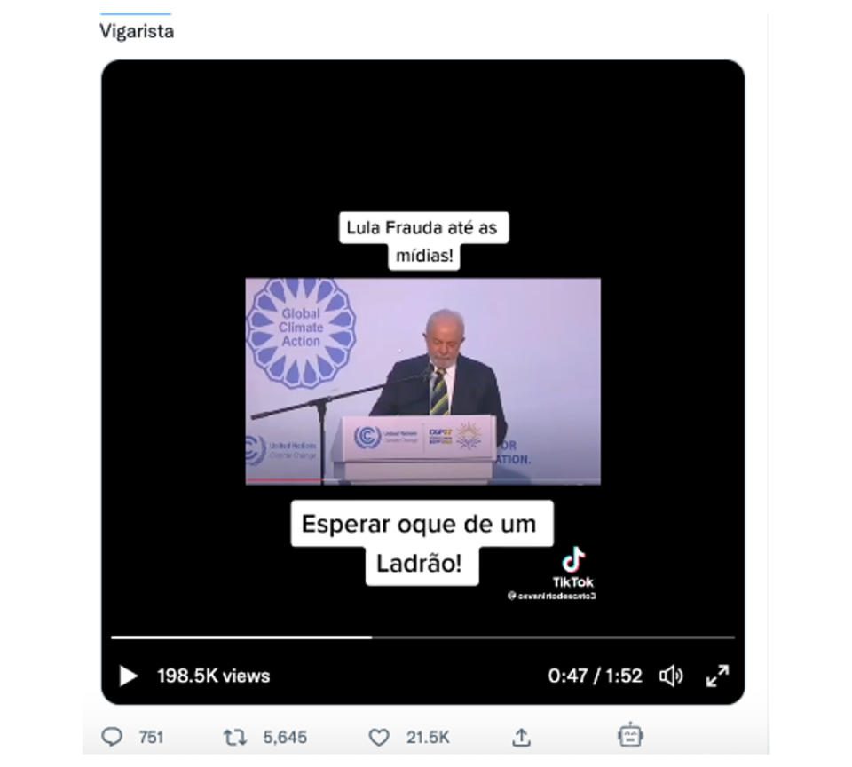 Screenshot of a video claiming Lula's participation in COP27 was a hoax (Photo: Twitter/Reproduction)