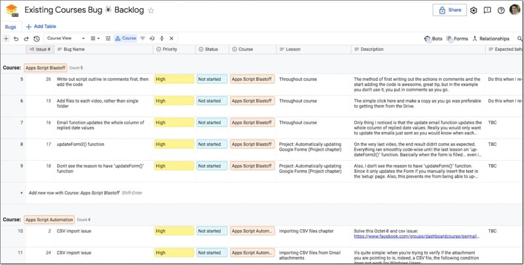 Google Sheets page